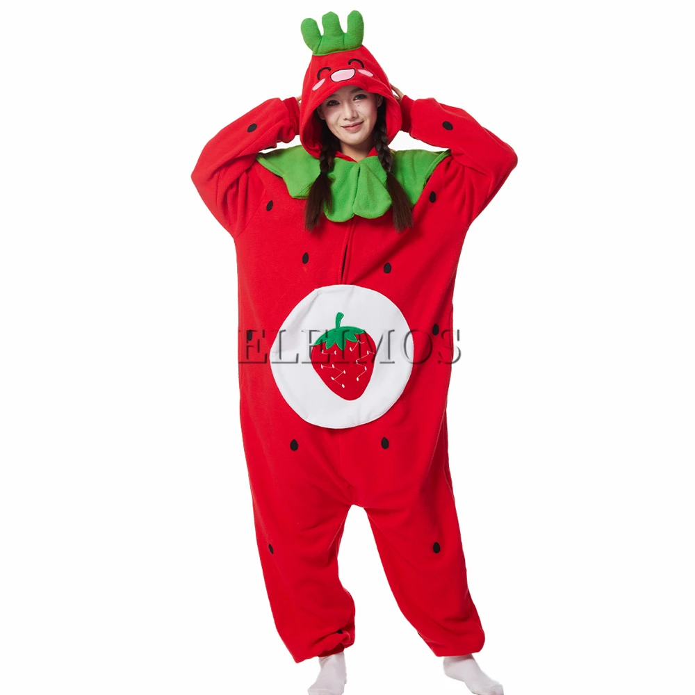 Kigurumi Onesie Strawberry Pajamas For Adult Women Men Cute Animal Fruit Pyjamas Homewear Halloween Cosplay Party Costume