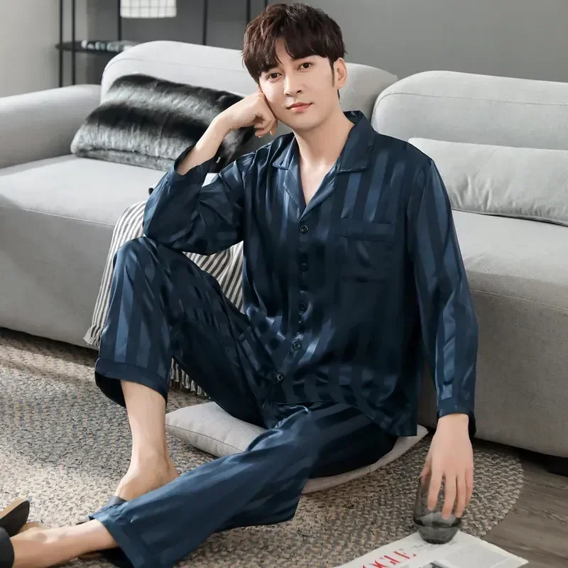 

Pants Male Set Print Faux Piece Silk Sleepwear Lapel Pajama Shirt 2 Pijama Striped Sleeve Pyjama Satin Men's Long Suits Homewear