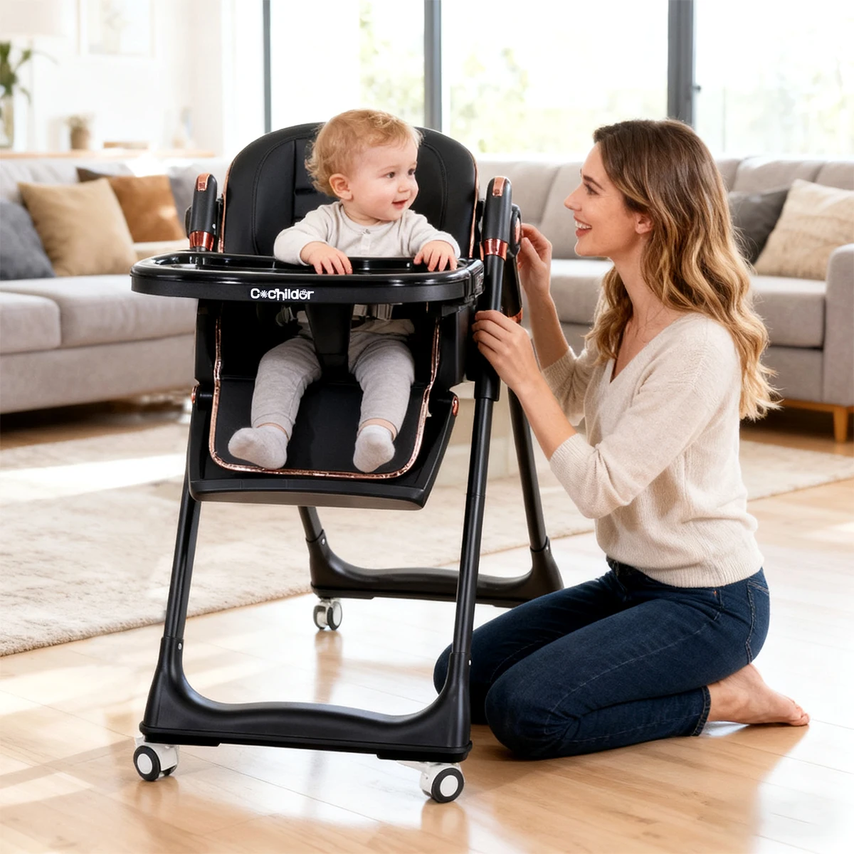 Foldable baby feeding chair, multi-functional children's high chair, wheeled table and outdoor camping chair