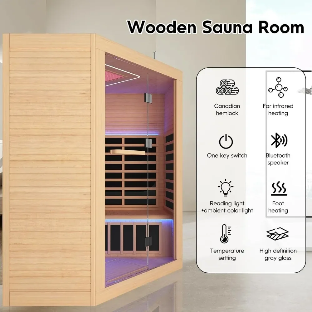 Far Infrared Home Sauna Room, Red Light Wooden Indoor Dry Sauna, Indoor Corner Sauna Spa with Full Spectrum Heater, Floor Heater 2