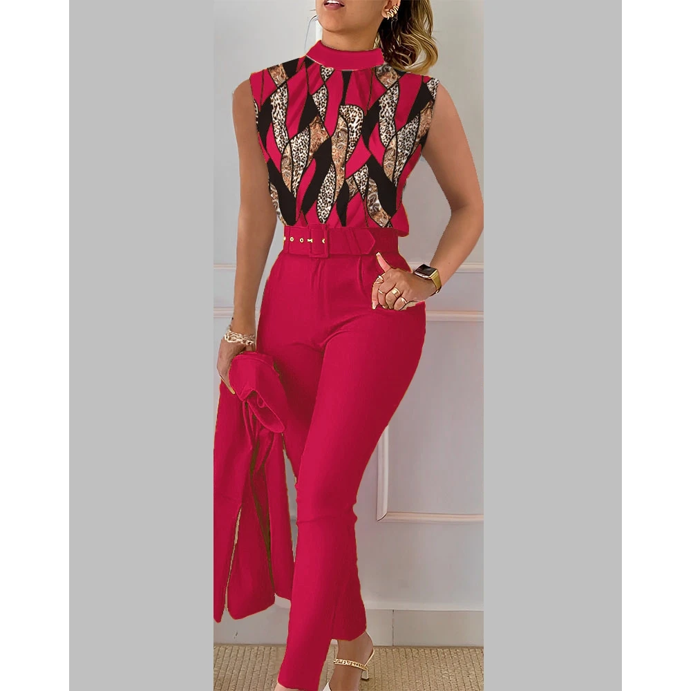 Summer Two Piece Slim Suit Sets Workwear Female Office Lady Casual Leopard Print Sleeveless Top & Pants Set for Women With Belt