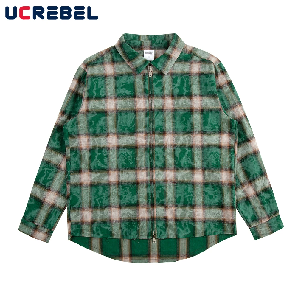 

Streetwear Plaid Shirt Mens Autumn Casual Front Short Back Long Retro Loose Zipper Lapel Shirts Men