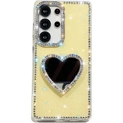 Luxury Love Heart Mirror Diamond Bling Holder Phone Case - Galaxy A07 (Yellow)