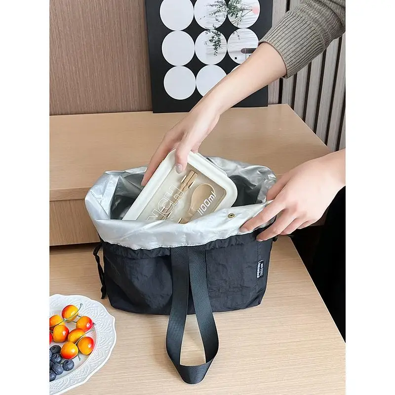 두꺼운 휴대용 보온 도시락 가방 드로스트링 대형 단색 학생 직장인 도시락 가방 방수
