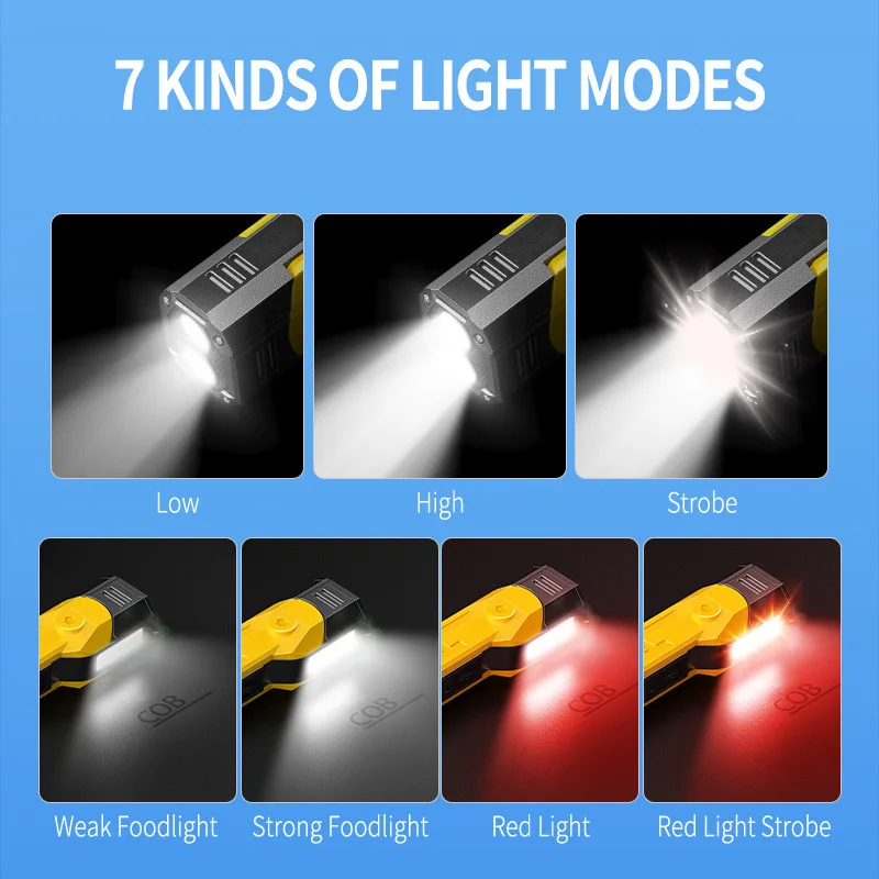 LED+COB 다기능 작업등, Type-C 충전식, 휴대용 자석 손전등