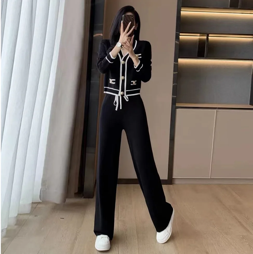 Tesco Women's Suit Blazer And Pants Knitting 2 Pieces Set High Quality Cardigan And Wide Leg Pants For Office Lady ropa de mujer