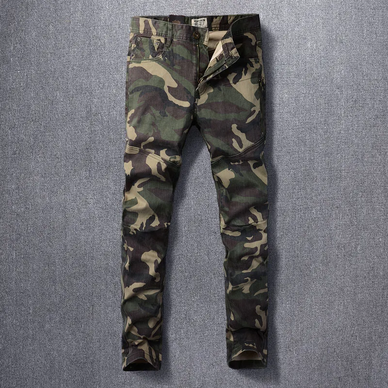 Fashion Designer Men Jeans Camo Elastic Slim Vintage Jeans Men Trousers Zipper Pocket Patched Hip Hop Biker Pants