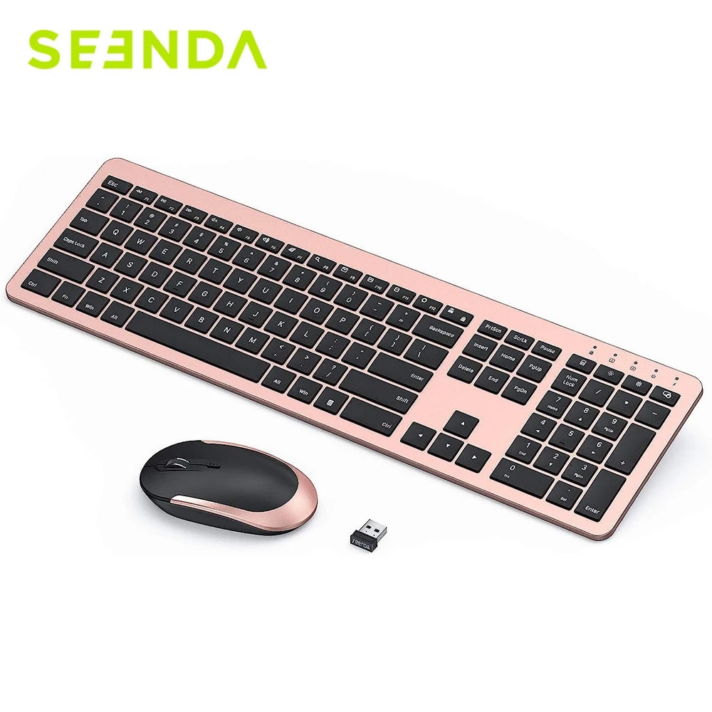 

Seenda Wireless Keyboard Mouse Combo Rechargeable Full Size Ultra Thin Quiet Cordless Keyboards Mice Black and Rose Gold
