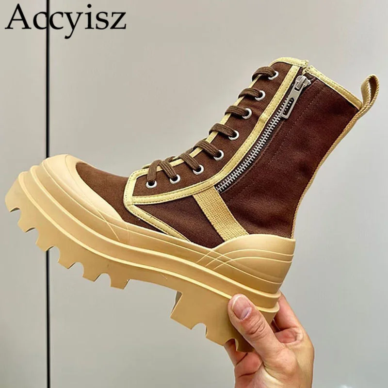 

Thick Sole Mixed Color Casual Boots Canvas Lacing Ankle Punk Style Boot Spring Autumn Zipper Decor Mid Sleeve Cool Boots Unisex