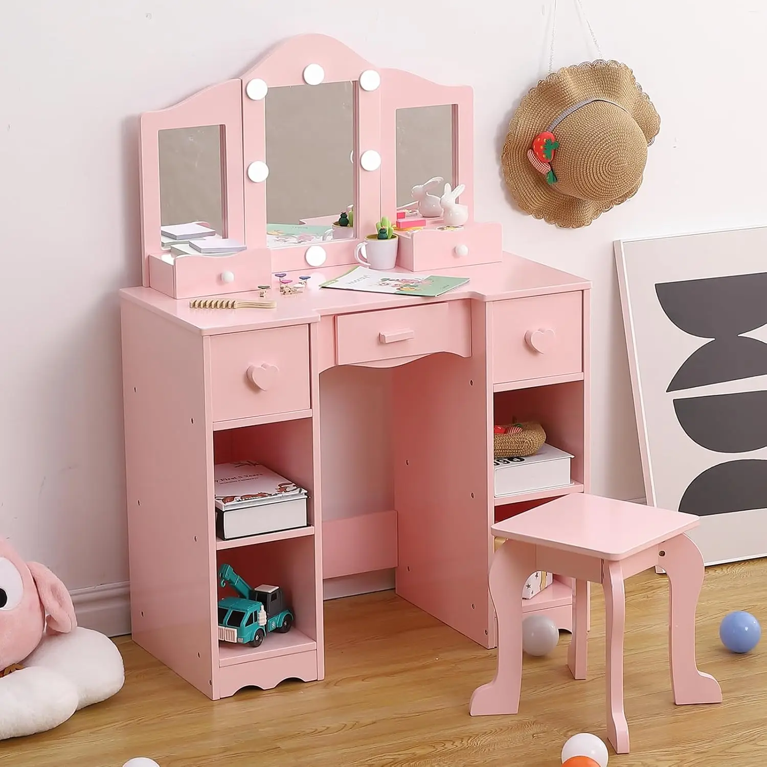 Ensemble de coiffeuse pour enfants, table en bois 2-en-1 avec tabouret, miroir pliable à trois parties et tiroirs, coiffeuse de jeu de rôle pour petites filles, table de maquillage pour les plus jeunes. 1