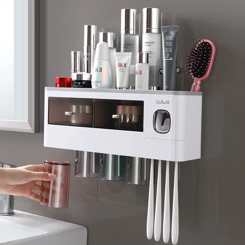 Toothpaste Squeezer Toothpaste Dispenser WIKHOSTAR Magnetic Adsorption Inverted Toothbrush Holder Wall Mounted Automatic Toothpaste Dispenser Squeezer for Bathrooms