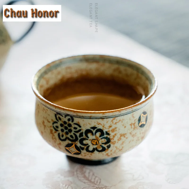 100ml Gold Drawing Embroidered Ball Flower Teacup Blue And White Flint Red Master Cup Personal Puer Tea Bowl Meditation Cup Gift