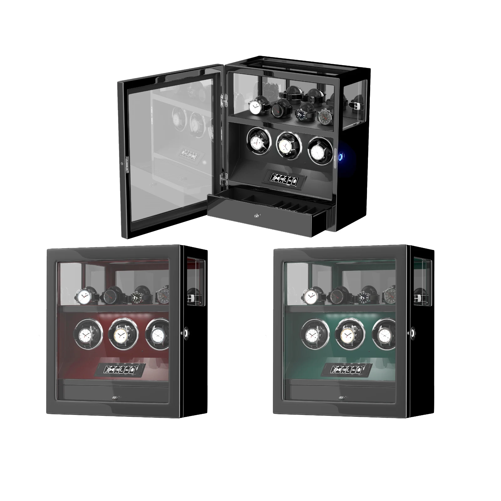 Sd6f6061ad6944f3f920c84fb3156d29eM Fingerprint Unlock Automatic Watch Winder 3 Slots Display and Jewelry Storage Drawer Remote Control Watch Safe Box