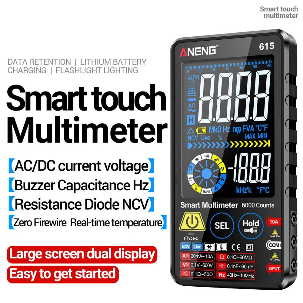 615 Multimeter Digital Smart Touch Screen 6000 Count AC/DC Current Voltage NCV Diode Lithium Battery Charging Tester Tools