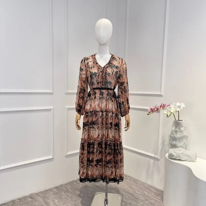 

2023 Summer Autumn Holiday Style Floucing Paisley Print Loose Oversize Long Sleeve Midi Dress