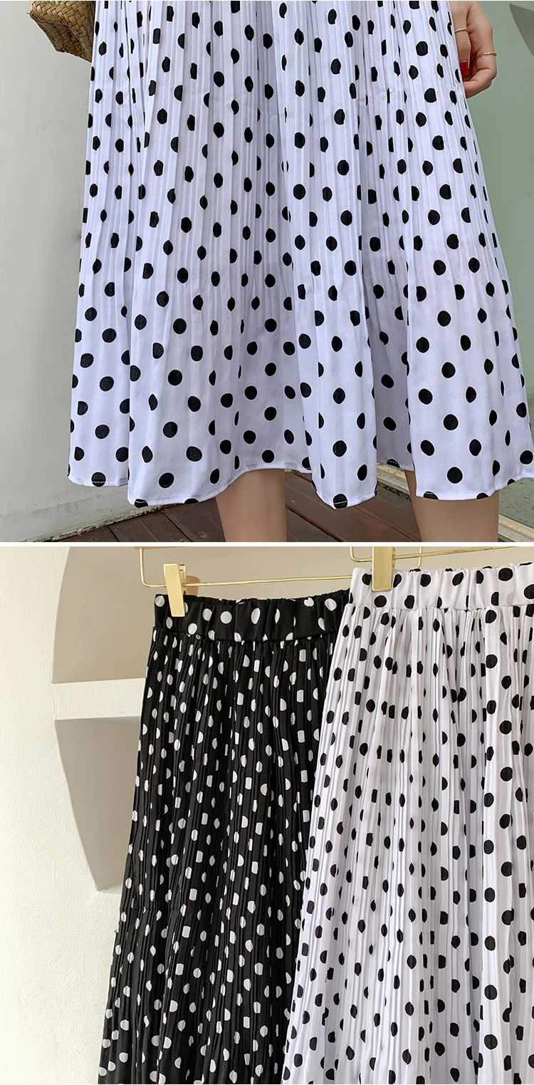 New All-match Elastic Waist Pleated Polka Dot Skirt Mid-length Summer French Retro Style Women's High Waist Slim Skirt skater skirt