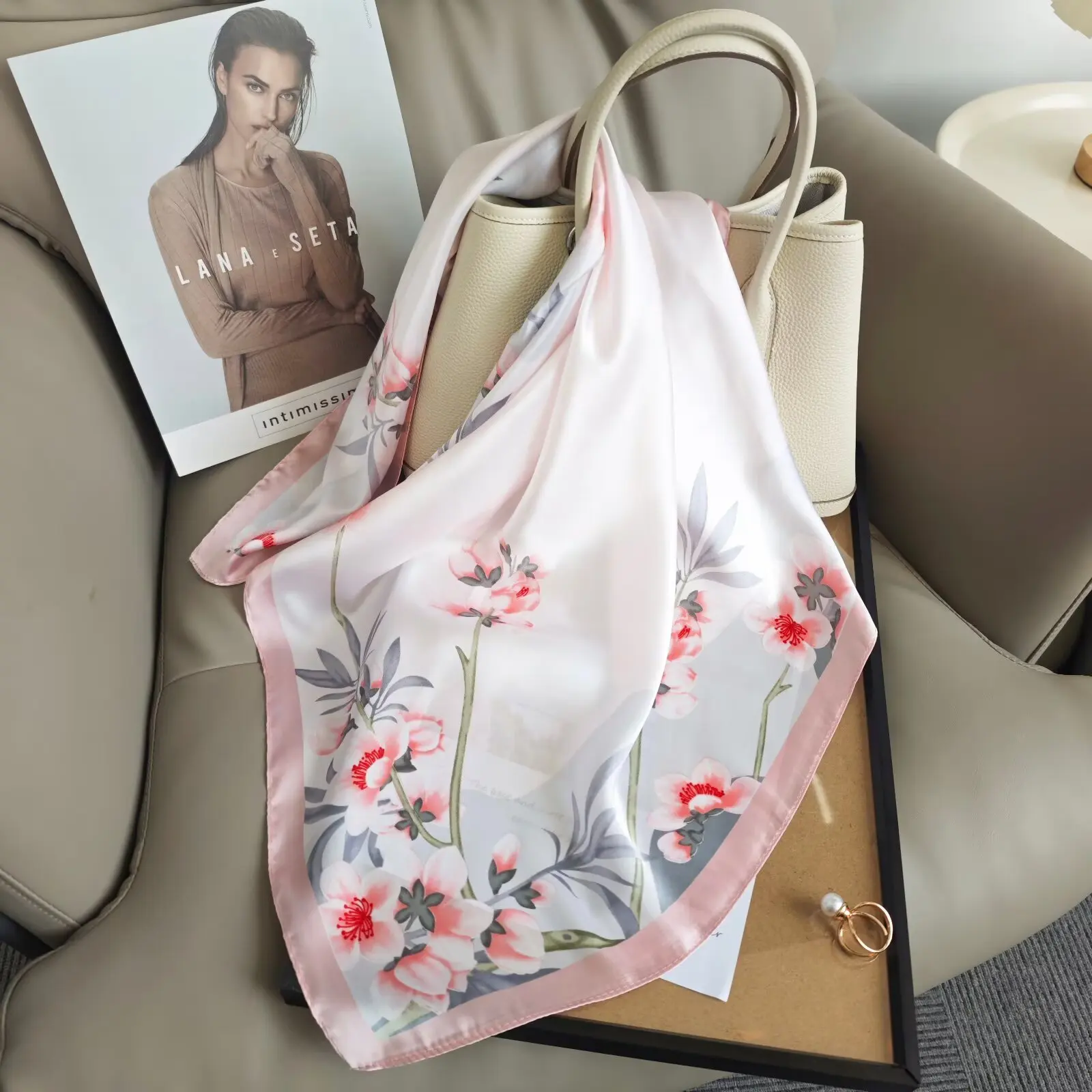 Luxury Design Print Silk Square Scarf Women Soft Satin Horse Hairband Neckerchief Office Hijab Headband Foulard Bag Ribbons Gift