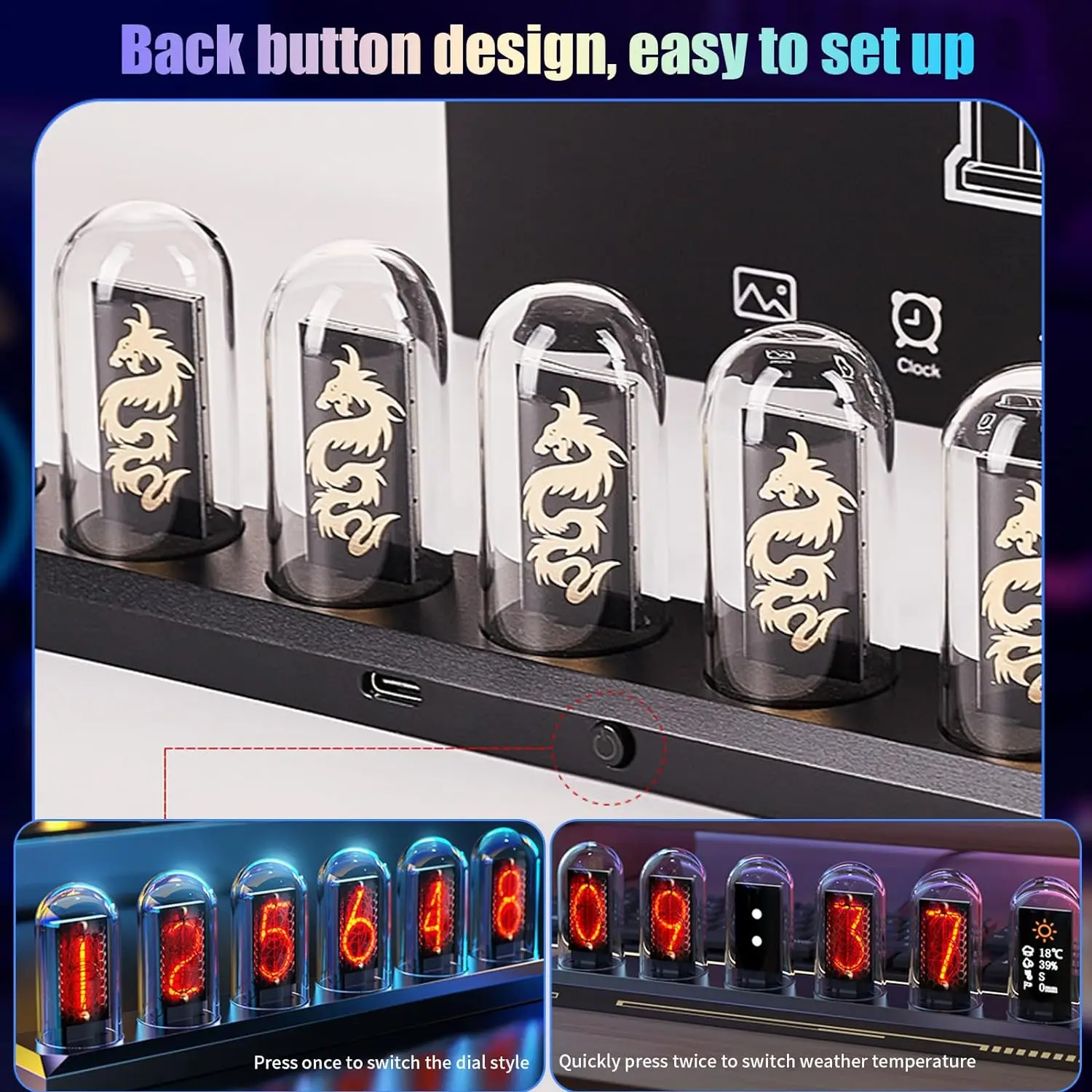 ニキシー管 RGB IPS スクリーン LED レトロデジタル時計ナイトライト