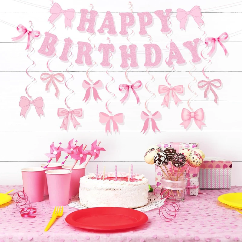 Pink Bow Happy Birthday Banner Garland Hanging Swirl Girls Princess Bow Themed Party Decoration Supplies Baby Shower Kids Favors