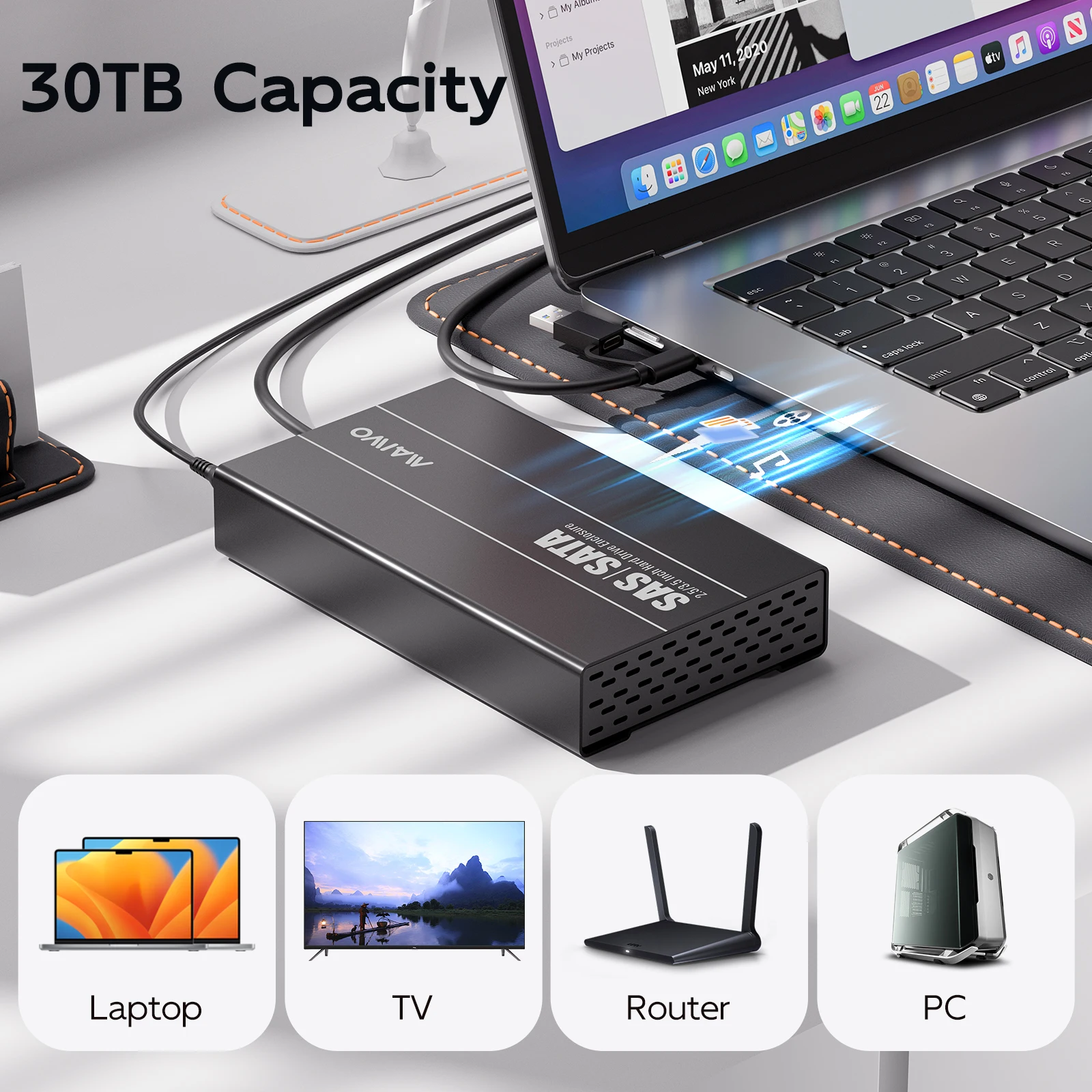 MAIWO 2.5/3.5인치 SAS/SATA 외장 하드 드라이브 케이스 SAS/SATA HDD 케이스 SATA to Type-C HDD 도크, 최대 30TB HDD/SSD 디스크 지원