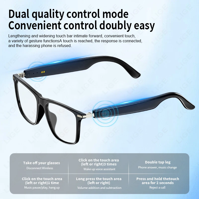LIGE 2025 New Smart Glasses Sunglasses Bluetooth Headphones Anti Blue Light UV Protection Lenses Waterproof Eyeglasses Men Women