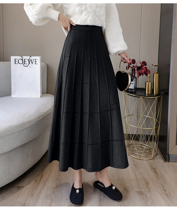

Spring Autumn Winter Knitting Long Skirt Women 2023 High Waist Slim Mid-Length Elegant Big Hem A- Line Pleated Skir Women