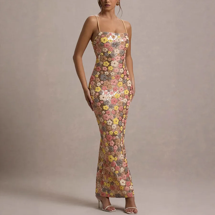 Summ Women Flowers Sequin Patchwork Slim Party Long Dress Strapless Fashion Maxi Dress, Sexy Sleeveless Ladies Dress Vestidos 4