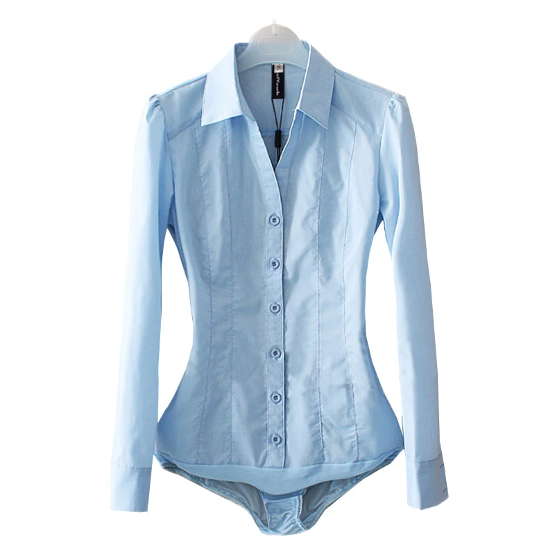 

Office Blouse Solid Body Shirt Turn-down Collar V Neck Long Sleeve Blouse Buttons Up Women Tops and Blouses Light blue White