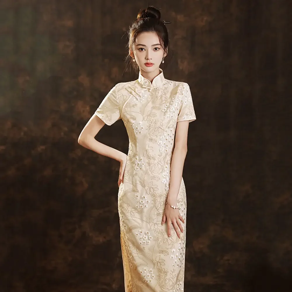 

2024 Improved Cheongsam Beige Embroidery Short Sleeve Vintage Dress Slim-fit Women Costumes Qipao Chinese Traditional Dress