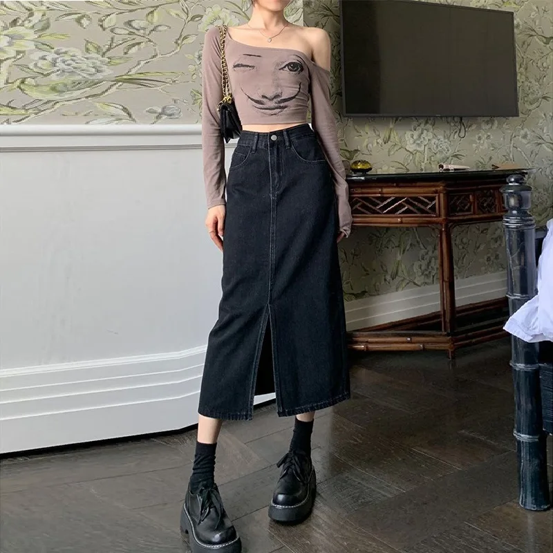 

Denim Skirts For Women Retro Washed High Waist Streetwear Denim Skirt Vintage Korean Fashion Front-slit Chic Female Midi Skirts