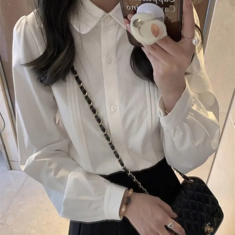 QWEEK White Kawaii Shirts Women Korean Style Pleated Blouses Peter Pan Collar Preppy Long Sleeve Basic Cute Tops Spring Fashion