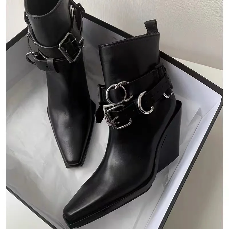 

Black Short Buckle Strap Boots Fall Pointed Toe Women Shoes Wedge Zapatos Mujer Ankle High Botas Femininas