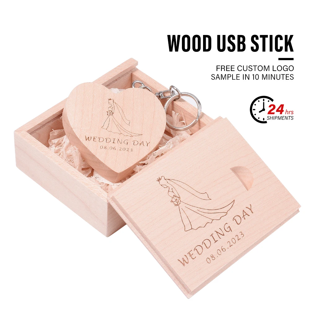 JASTER 무료 맞춤형 로고 펜 드라이브, 나무 하트 USB 상자, USB 플래시 드라이브, 펜 드라이브, U 디스크 사진, 결혼 선물, 64GB, 32GB
