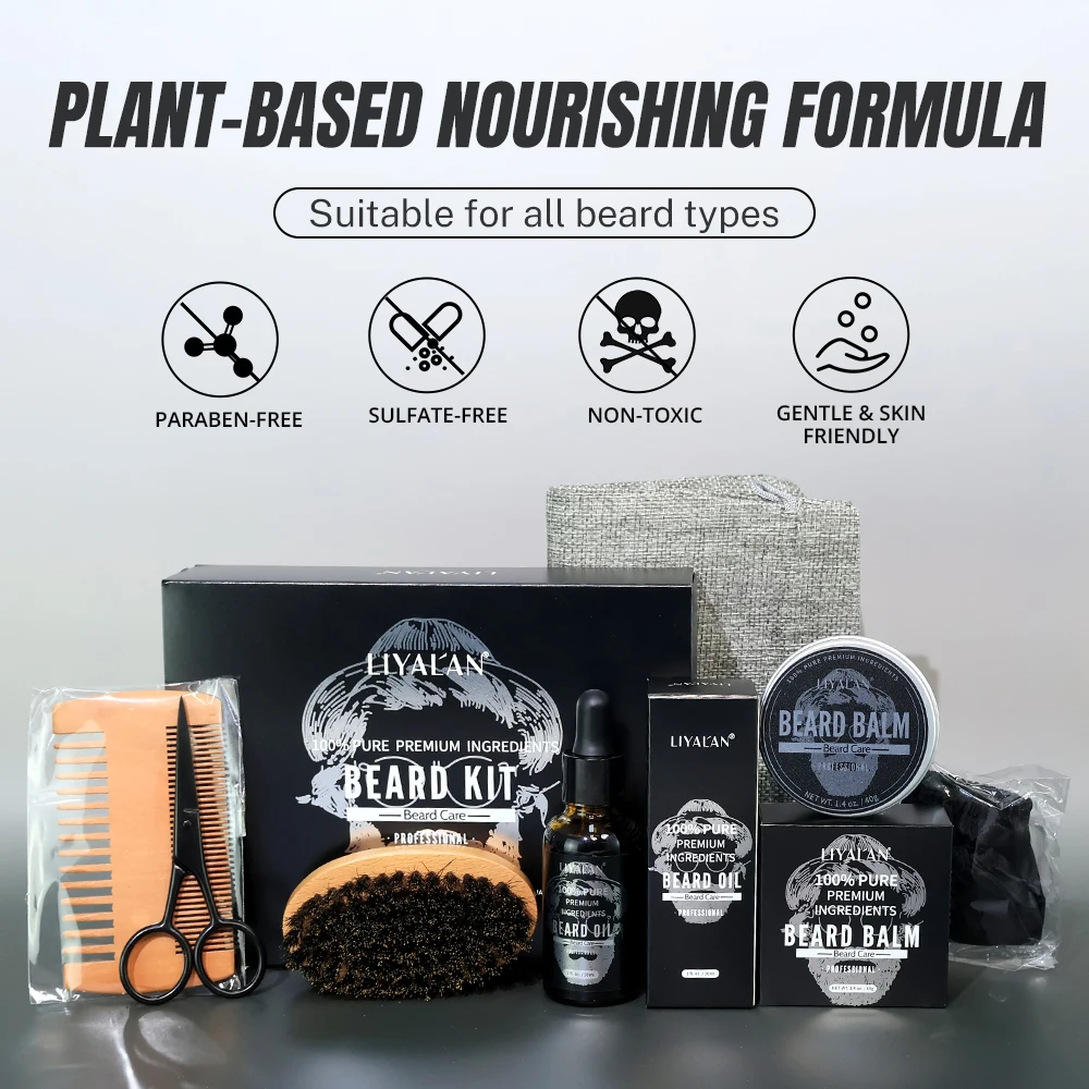 7pcs/sets Men Beard Kit Beard Promote Enhancer Thicker Mustache Grooming Beard Care Oil Moisturizer Wax Balm with Comb Scissor - Image 6