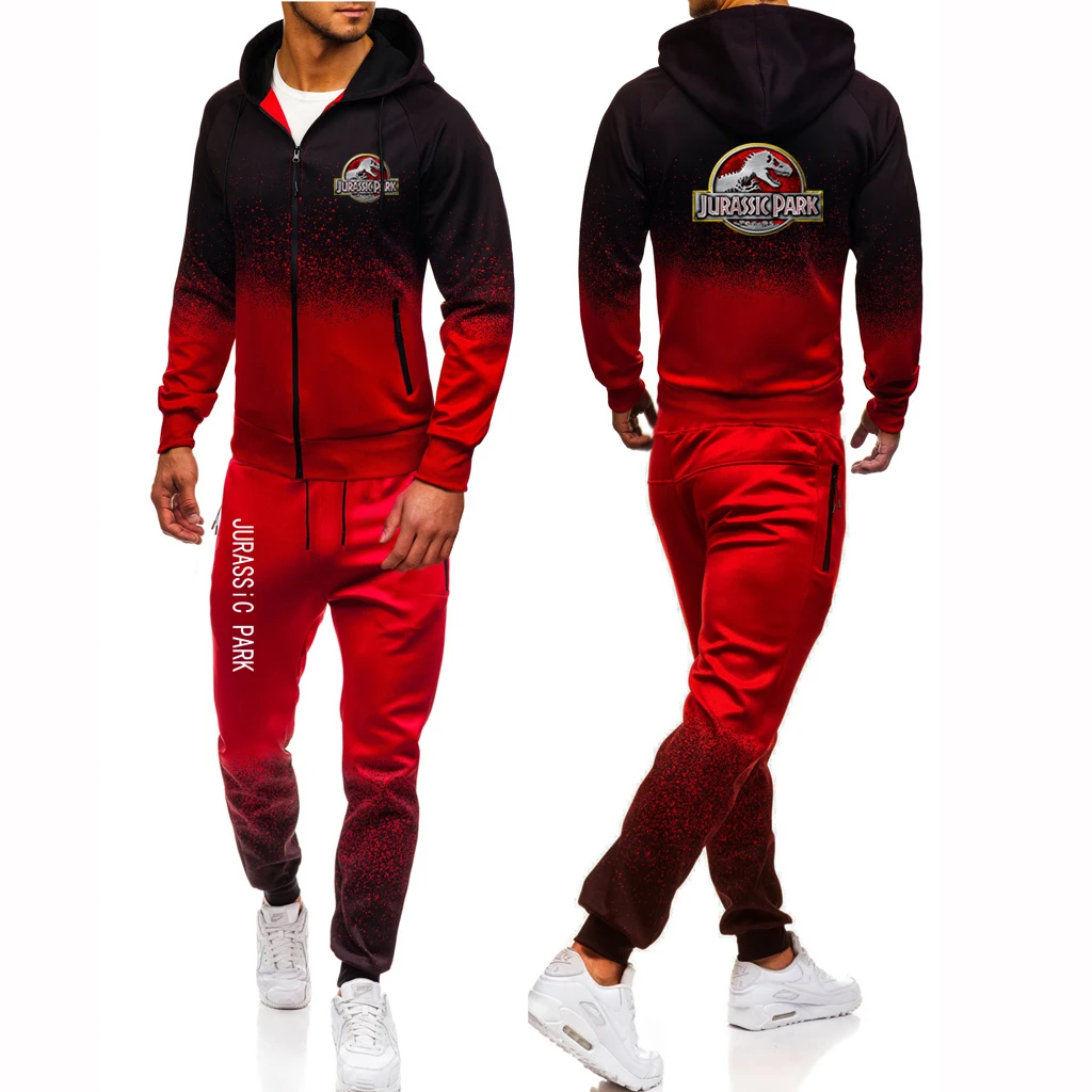 2023 New Jurassic Park Spring Autumn Custom Made Brand Men Zipper Jacket Hoodie + Pants Drawstring Gradient Color Suit Leisure