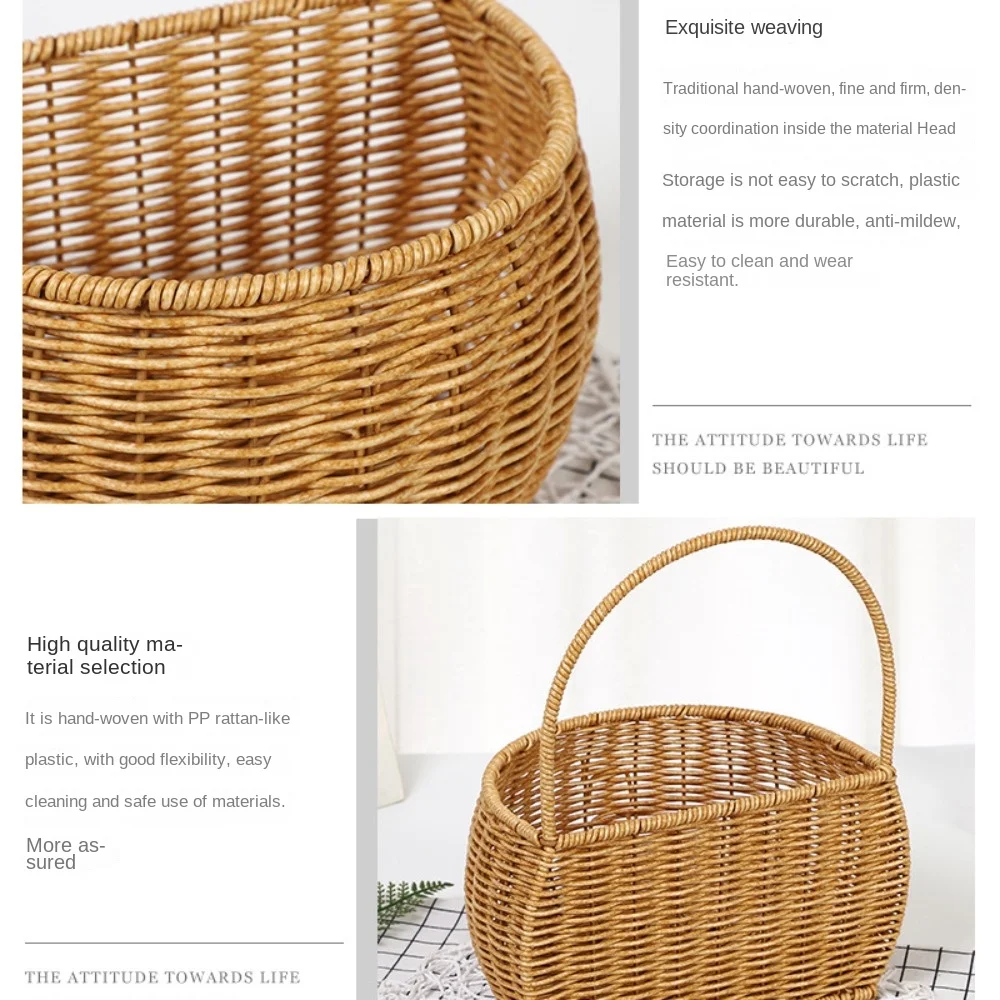 Imitation Rattan Kitchen Storage Basket with Handle Brown Wall Hanging Basket Sundries Organizer Toilet Rack 2