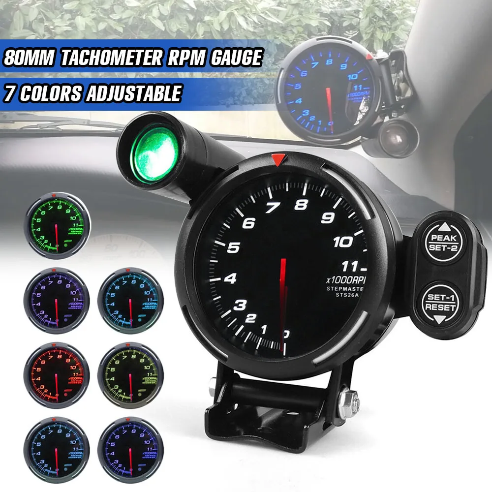 Dynoracing 80MM High Speed stepper motorTachometer Gauge 7 Colors 0