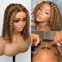 Perruque Bob Lace Front Wig naturelle sans colle, cheveux humains, blond miel, pre-plucked, pré-coupé, reflets, Wear and Go, bouclés, ombré HD 2