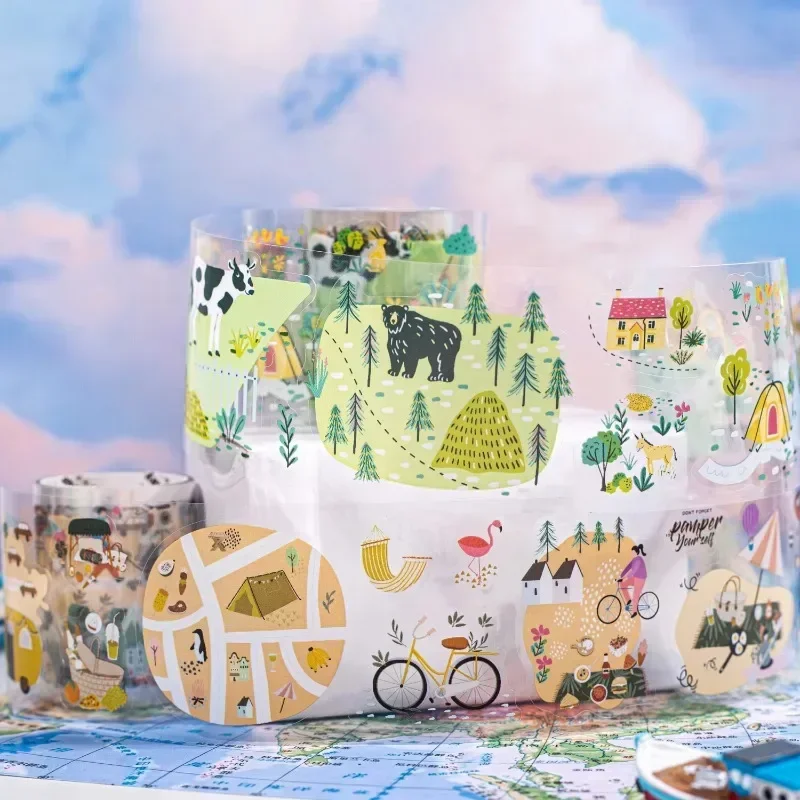 아름다운 장식을 위한 'My Little Map' Bucolic Song 시리즈의 일부인 4가지 디자인의 350mm 원형 PET 테이프 컬렉션