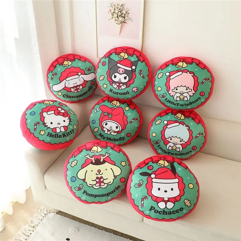 

Sanrio Hello Kitty Kuromi Christmas Wreath Round Pillow Cushion Atmosphere Sense of Decoration Anime Plush Toys Christmas Gifts