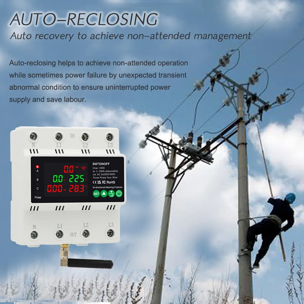 Tuya WiFi Three Phase 4P 100A Auto-Reclosing Over Under Voltage Protector Prepai