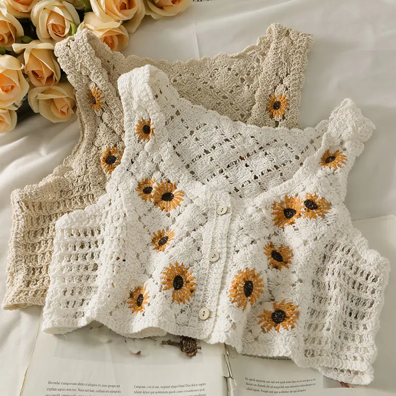 

2023 WOMEN SWEET COTTON CARDIGAN SUMMER FLORAL EMBROIDERY SLEEVELESS BUTTONS FRONT CROP TOPS BEACH SWEET CROCHET FRENCH STYLE