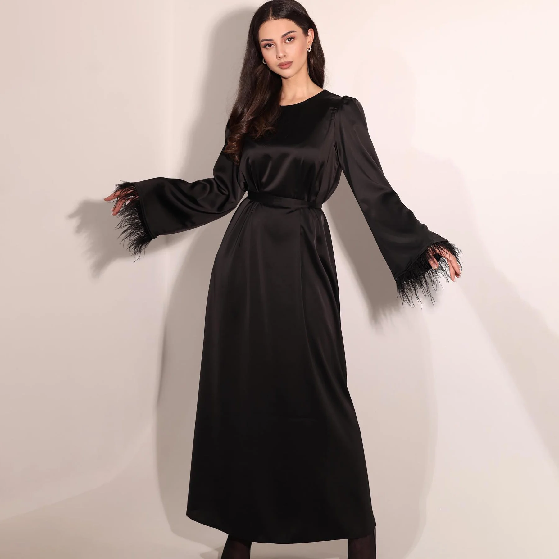 

GIOIO O-Neck Luxury Formal Evening Dresses Pleat Feathers Long Sleeves فساتين سهرة Ankle Length Elegant Prom Gowns Party Women