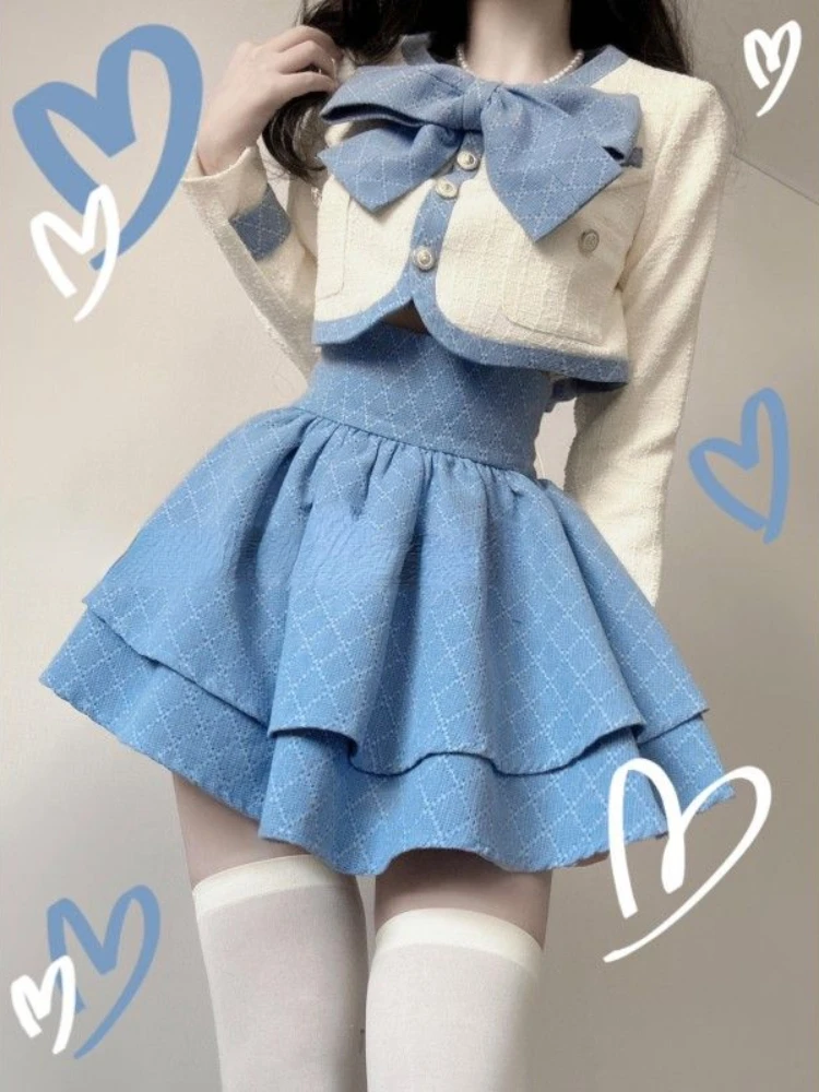 BowJapaneseKawaiiTwoPieceSetWomenSweetPartyPlaidCakeSkirt