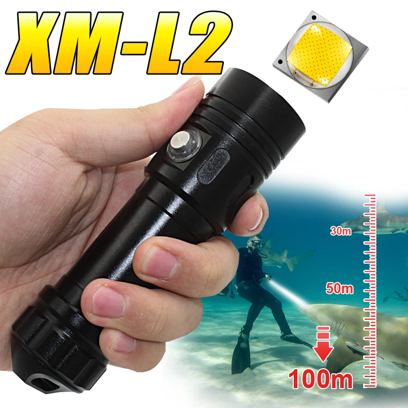 100m underwater flashlights lamp scuba led torch flashlight rechargeable 26650or18650 battery xm l2 waterproof 5000 lumens