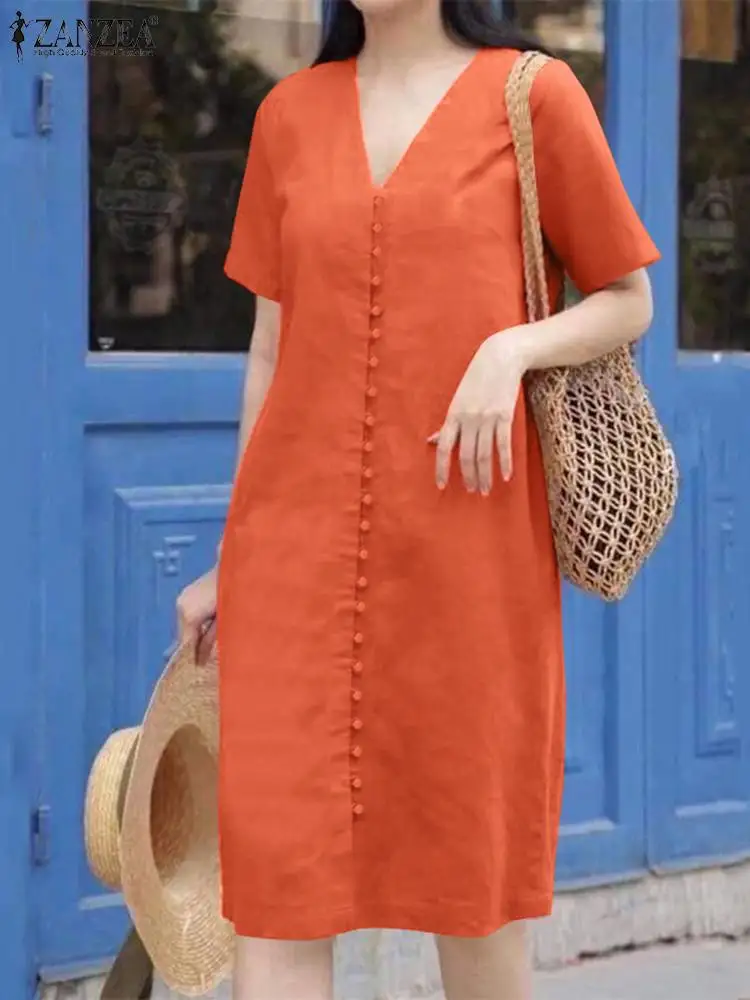 

Элегантное однотонное платье ZANZEA, женское летнее платье с V-образным вырезом, женское платье миди на пуговицах