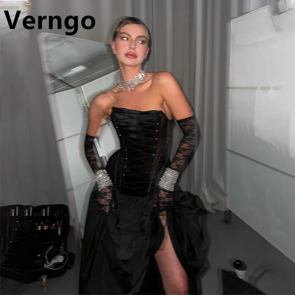 

Verngo Black Satin Party Dress For Women Strapless Lace Up Prom Gowns Sexy Split A Line Evening Dress Without Gloves Formal Gown