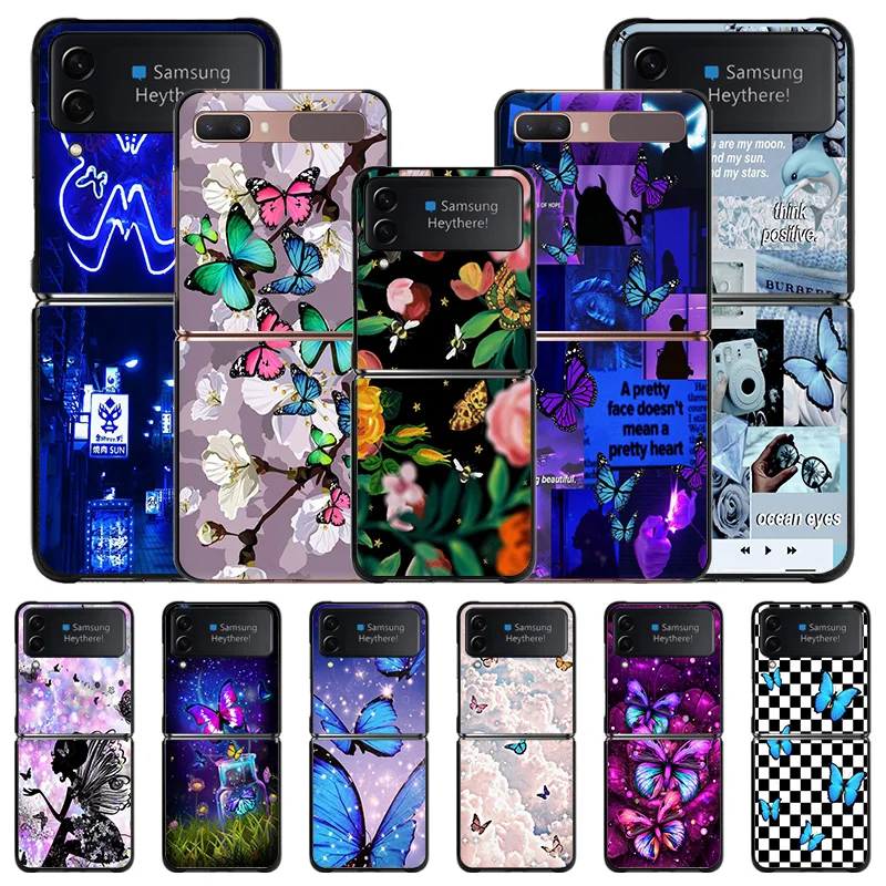Custodie Per Telefoni Per Samsung Z Flip 4 3 5G Galaxy Z-Flip4 Zflip3 Fashion Blue Flower Pink Butterfly Cover Posteriore Rigida Anti-Goccia Nera
