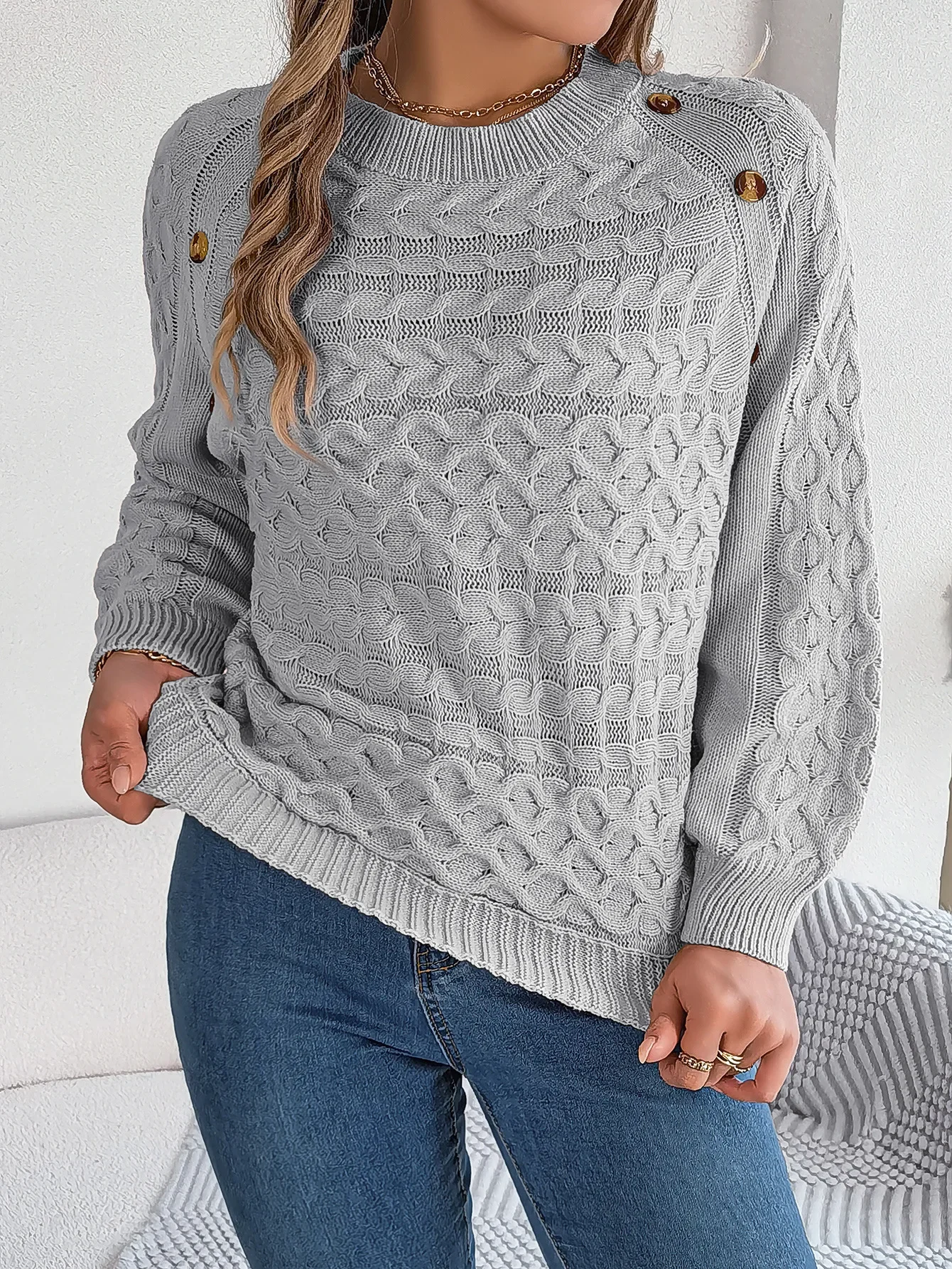 

Women's O-Neck Knitted Pullovers, Button Loose Bottoming Shirt, Monochromatic Jumper, Autumn and Winter Sweater, Fashion