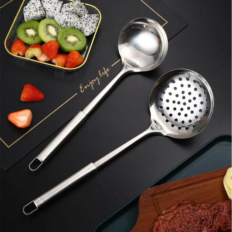 Description Picture 2 of item304 Stainless Steel Soup Ladle Enlarge Oil Skimmer Ramen Scoop Multifunctional Leaky Hole Pasta Strainer Kitchen Utensils